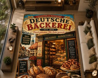 Tapis de boulangerie allemande, tapis vintage Deutsche Bäckerei, décoration traditionnelle européenne de boulangerie, tapis de cuisine allemand, tapis rétro de boulangerie