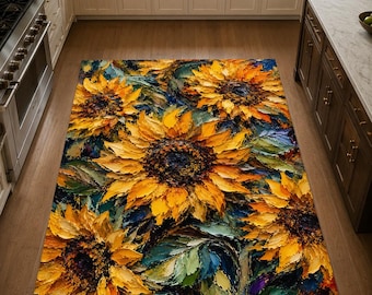 Tapis rustique style champêtre avec motif tournesol et peinture à l'huile