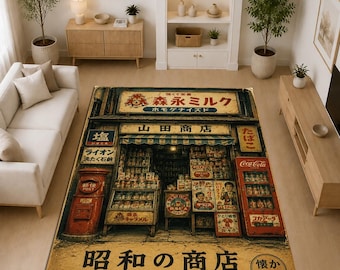 Tapis vintage de boutique japonaise de l'ère Showa, tapis de magasin japonais, tapis de marché japonais rétro, tapis de sol, décoration japonaise nostalgique, cadeau de rue Showa