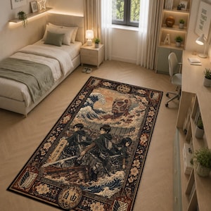 May include: A rectangular area rug featuring a detailed anime-inspired illustration with characters in dark capes, a large titan figure, and a crashing wave. The border is decorated with floral patterns and includes the Japanese characters for freedom.