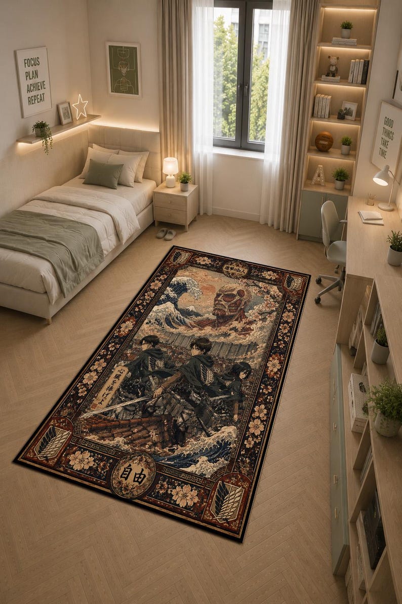 May include: A rectangular area rug featuring a detailed anime-inspired illustration with characters in dark capes, a large titan figure, and a crashing wave. The border is decorated with floral patterns and includes the Japanese characters for freedom.