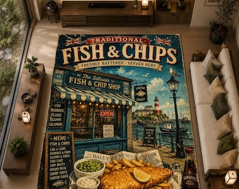 Tapis Fish and Chips britannique, tapis vintage bord de mer, décoration traditionnelle anglaise sur le thème du poisson et des frites, tapis rétro style côtier britannique, tapis de cuisine britannique