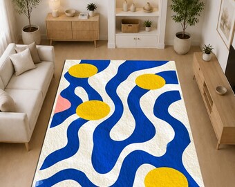 Tapis abstrait bleu, tapis à vagues modernes, tapis géométrique, tapis de salon contemporain, décoration artistique, tapis scandinave