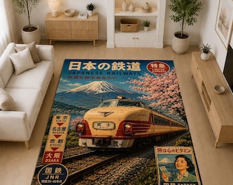 Tapis de chemin de fer japonais vintage, tapis de train japonais, tapis de la région du Mont Fuji, tapis de voyage, décoration ferroviaire rétro, cadeau japonais