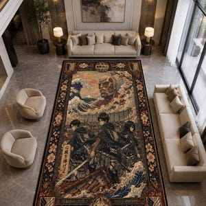 May include: A large rectangular area rug featuring a detailed anime-inspired illustration. The design includes a giant titan, three characters with swords, cherry blossoms, a large wave, and Japanese text characters including '自由' and '心臓を捧げよ'.