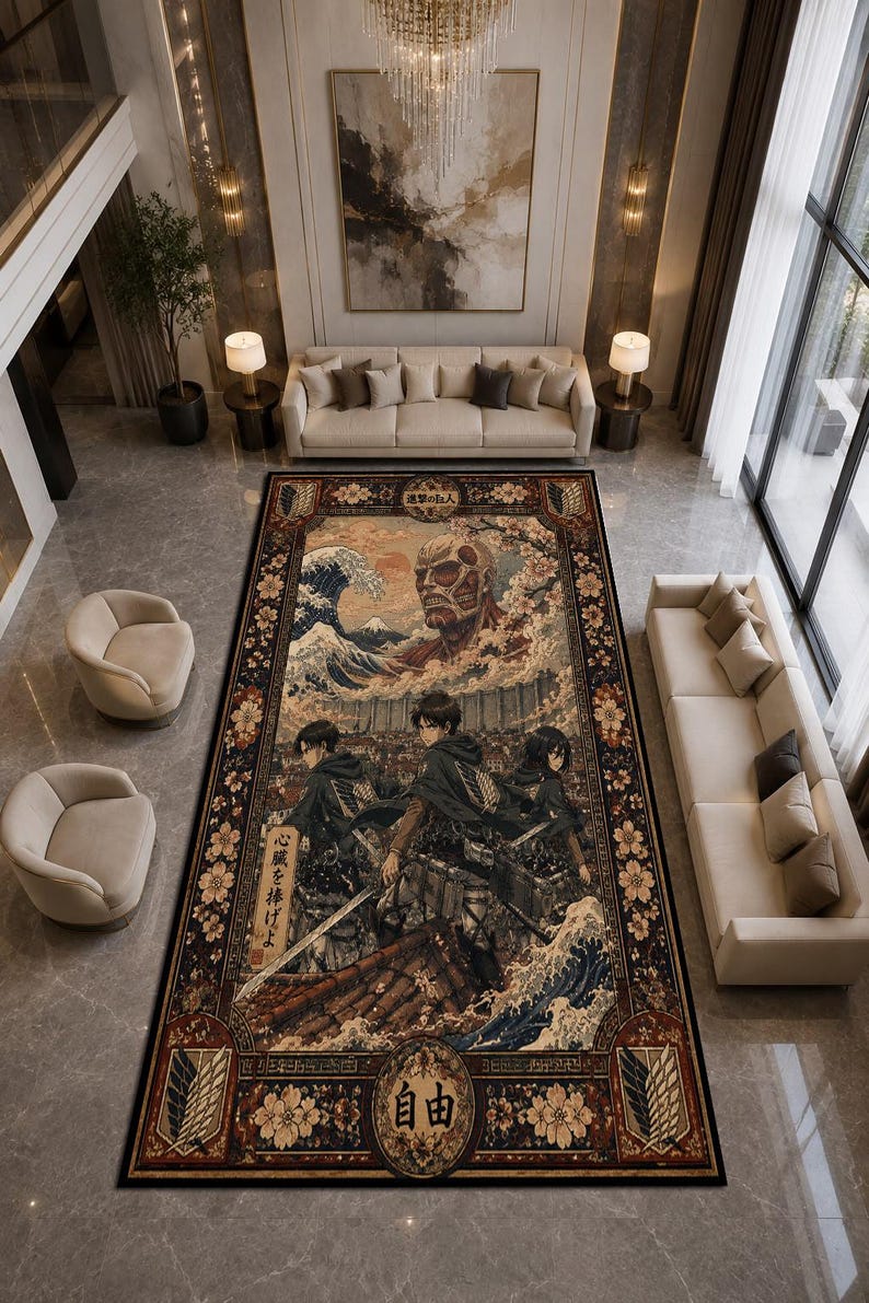 May include: A large rectangular area rug featuring a detailed anime-inspired illustration. The design includes a giant titan, three characters with swords, cherry blossoms, a large wave, and Japanese text characters including '自由' and '心臓を捧げよ'.