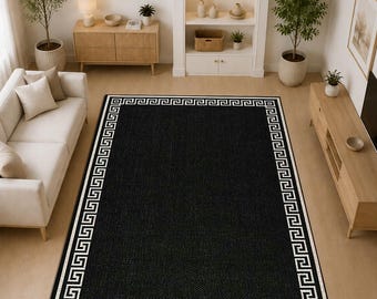 Tapis à motif grec noir, tapis à bordure moderne, tapis minimaliste, tapis de salon luxueux, tapis à motif grec, décoration contemporaine