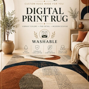 May include: A rectangular area rug featuring a geometric pattern with large terracotta, navy blue, and cream-colored shapes. The design includes fine black line work and textured sections. Text on the image reads CustomRugGifts, Digital Print Rug, and Washable.