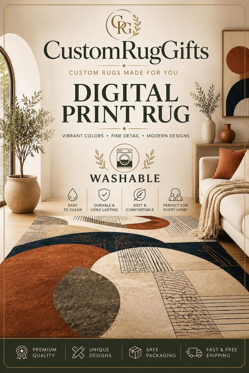 May include: A rectangular area rug featuring a geometric pattern with large terracotta, navy blue, and cream-colored shapes. The design includes fine black line work and textured sections. Text on the image reads CustomRugGifts, Digital Print Rug, and Washable.
