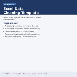 May include: A digital document titled Power Query Excel Data Cleaning Template. It lists features including fixing casing, trimming spaces, removing duplicates, standardizing date formats, cleaning currency, and flagging issues for any row count.
