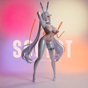 May include: A standing anime-style figurine with long white hair and blue-tipped rabbit ears. The figure wears a white bodysuit with heart-shaped accents, white gloves, and a bow tie. The background features the text SCULPT in large white letters.