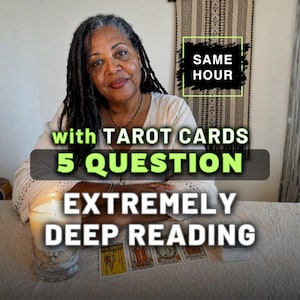 May include: A person with dark locs wearing a light-colored top sits behind a table with tarot cards and a lit candle. Text overlays read: SAME HOUR, with TAROT CARDS, 5 QUESTION, EXTREMELY DEEP READING. The scene includes a deck of cards.
