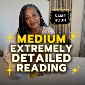 May include: A person with dark locs wearing a light-coloured top sits behind a table with tarot cards and a candle. Text overlays read SAME HOUR and MEDIUM EXTREMELY DETAILED READING, accented by yellow star icons on a white textured background.
