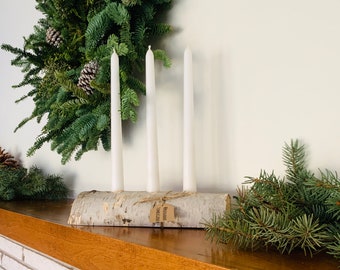 Birch Log Tapered Candle Holder Christmas Centerpiece Rustic Wedding Decor Yule Log