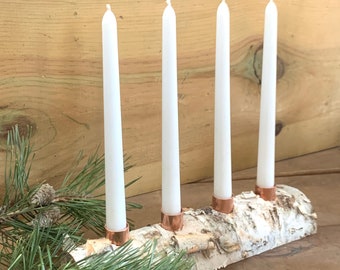 COPPER Birch Log Candleholder™ by Rough and Tumble Goods, Birch Log Tapered Candle Holder, Wedding Advent Centerpiece, Copper Birch Yule Log