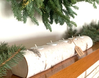 LONG Birch Log Candleholder Yule Log Tealight Holder Candleholder Christmas Decor Rustic Wedding Centerpiece