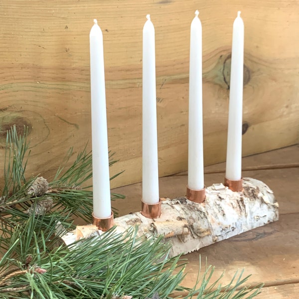 COPPER Advent Candleholder Birch Log Tapered Candle Holder Wedding Centerpiece Christmas Decor Rustic Decor Boho Wedding Decor Yule Log