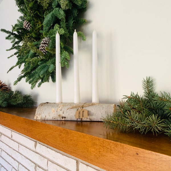 Birch Log Tapered Candle Holder Christmas Centerpiece Rustic Wedding Decor Yule Log