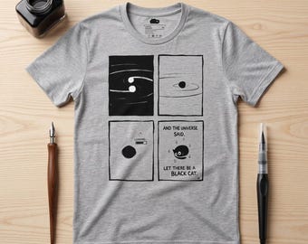 Black Cat Comic Strip T-Shirt: Universe Science Humor Line Art Tee