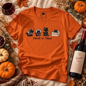 May include: An orange short-sleeved t-shirt featuring a graphic of four black cats dressed in costumes. Below the cats, the text reads "TRICK or TReaT". The shirt has a crew neckline and a tag printed on the inside collar area.