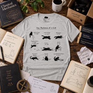 May include: A light gray t-shirt featuring a black graphic titled The Mechanics of a Cat, which illustrates nine physics concepts using cat drawings and equations. The design includes labels like Potential Energy, Kinetic Energy, and Momentum.