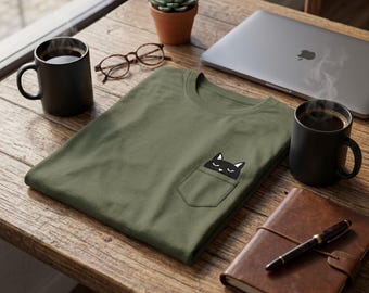 Judging Black Cat Pocket T-Shirt | Minimalist Hand-Drawn Cat Lover Tee