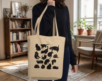 Black Cats Tote Bag | Organic Cotton, Minimalist Cat Lover Gift, Reusable Eco Bag