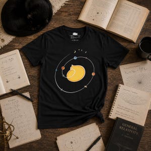 May include: A black short-sleeved t-shirt featuring a central graphic of a yellow cat curled into a sphere, surrounded by white orbital lines and small colorful planets. The shirt has a crew neckline and a small white label inside the collar area.