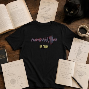 May include: A black short-sleeved t-shirt featuring a graphic of a red and blue sound wave pattern above the yellow text 15.09.14. The shirt is displayed among open books, scientific notes on physics, a black cat, and a ceramic coffee mug.