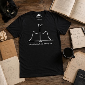 May include: A black short-sleeved t-shirt featuring a white graphic of a probability density curve shaped like cat ears. The text reads |Ψ|², Food, and Fig. 1 Probability density of finding a cat. The shirt has a crew neckline and a standard fit.