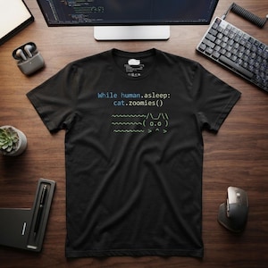 Op de afbeelding: Een zwart t-shirt met korte mouwen voorzien van de gedrukte codetekst "While human.asleep: cat.zoomies()" in blauw en wit, gevolgd door een groene ASCII-kunstafbeelding van een kattengezicht met golvende lijnen erboven, gecentreerd op de borst.
