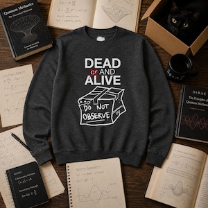 Könnte beinhalten: Ein dunkelgraues Sweatshirt mit Rundhalsausschnitt und einem weißen Grafikdruck mit der Aufschrift DEAD OR AND ALIVE, wobei das Wort OR mit einem roten X durchgestrichen ist. Darunter ist eine Strichzeichnung einer Kiste mit DO NOT OBSERVE und SCHRODINGER'S CAT.
