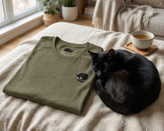 Tiny Black Cat Illustration T-Shirt | Minimalist Hand-Drawn Unisex Tee