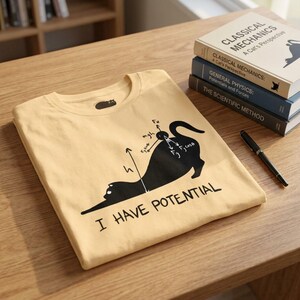 May include: A light yellow t-shirt featuring a black graphic of a stretching cat with physics equations and the text I HAVE POTENTIAL. The design includes a vector diagram showing gravitational force, height, and energy components on the cat's back.
