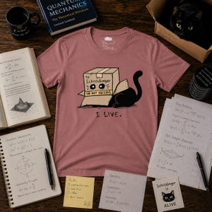 May include: A dusty rose short-sleeved t-shirt featuring a graphic of a black cat inside a cardboard box labelled 'to: Schrödinger' and 'DO NOT OBSERVE', with the text 'I LIVE.' printed in black ink below the illustration.