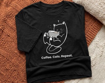 Coffee Cats Repeat Shirt | Cute Black Cat Coffee Tee | Hand Drawn Cat Lover Shirt | Coffee Lover Gift | Cozy Aesthetic T-Shirt