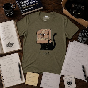 Op de afbeelding: Een olijfgroen t-shirt met een afbeelding van een zwarte kat met een kartonnen doos over zijn kop. Op de doos staat "Schrödinger's CAT DO NOT OBSERVE" en onder de kat staat de tekst "I LIVE.". Het shirt heeft een ronde hals.