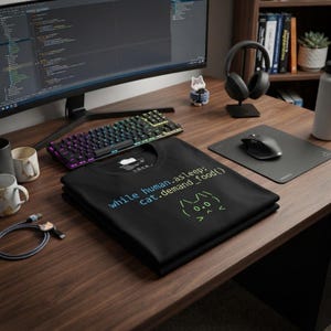 Può includere: Una t-shirt nera con il testo stampato "while human.asleep: cat.demand_food()" in blu e bianco, accompagnato da un volto di gatto in arte ASCII verde. La maglietta è piegata su una scrivania in legno accanto a monitor, tastiera e mouse.