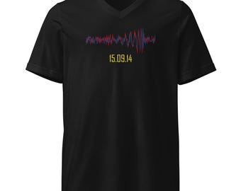 Camiseta unissex de manga curta com decote em V e estampa da forma de onda gravitacional LIGO GW150914