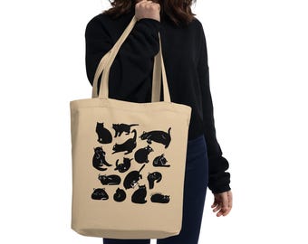Sacola Ecológica com Estampa de Gatos Pretos | Algodão Orgânico, Presente Minimalista para Amantes de Gatos, Sacola Ecológica Reutilizável