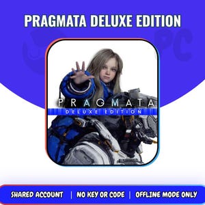 Könnte beinhalten: Ein digitales Spielcover für Pragmata Deluxe Edition mit einer jungen Person mit langem Haar, die einen blau-weißen mechanischen Anzug trägt und eine Hand ausstreckt. Der Titel Pragmata Deluxe Edition steht in weißem Text auf einem blauen Balken.