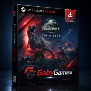 May include: A black game case for Jurassic World Evolution 3 featuring a T-Rex and two raptors against a fiery red background. The cover includes the text PC, STEAM, OFFLINE, INSTANT DELIVERY, and GabyGames with a red and black logo design.