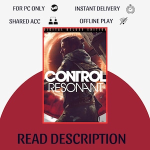 Può includere: Una copertina di gioco digitale per Control Resonant Digital Deluxe Edition con una persona in giacca con cappuccio davanti a un portale arancione luminoso. Il testo include FOR PC ONLY, INSTANT DELIVERY, SHARED ACC, OFFLINE PLAY e READ DESCRIPTION.