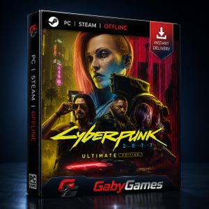 May include: A physical game case for Cyberpunk 2077 Ultimate Edition featuring a dark, neon-lit city background with three characters. The cover displays the game title in yellow, the GabyGames logo, and text including PC, STEAM, OFFLINE, and INSTANT DELIVERY.