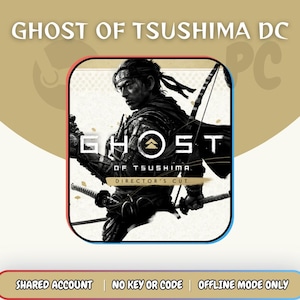 Könnte beinhalten: Ein quadratisches digitales Spiel-Icon für Ghost of Tsushima Director's Cut mit einer schwarz-weißen Illustration eines Samurai-Kriegers mit Schwert und Bogen. Der Text GHOST OF TSUSHIMA DIRECTOR'S CUT ist mittig platziert. Der Hintergrund ist cremefarben mit dezenten Mustern.