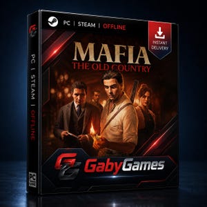Puede incluir: Una caja rectangular de videojuego para Mafia: The Old Country con una ilustración cinematográfica oscura de tres personas con ropa de época. La portada incluye el logo de Steam, el texto PC | STEAM | OFFLINE y el logo de GabyGames en la parte inferior.
