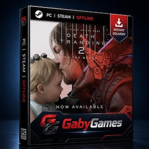 May include: A rectangular video game case for Death Stranding 2 On The Beach. The cover features a man kissing a baby's forehead, with red mechanical gear visible. Text includes A Hideo Kojima Game, Death Stranding 2, Now Available, and GabyGames.