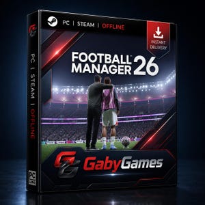Puede incluir: Una caja de juego rectangular para Football Manager 26 que muestra un estadio con dos figuras en el campo. La portada incluye el texto Football Manager 26, GabyGames, PC, Steam y Offline. Un icono rojo indica la entrega instantánea del producto.