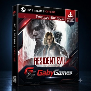 May include: A rectangular video game case for the Deluxe Edition of Resident Evil. The cover features a man and a woman in a dark, rainy setting. Text includes PC, STEAM, OFFLINE, Deluxe Edition, and GabyGames with a red and black color scheme.