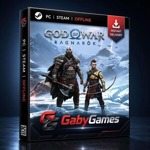 Puede incluir: Una caja de juego física para God of War Ragnarök en PC, con Kratos y Atreus en un paisaje nevado. La portada incluye el logo de Steam, el texto PC | STEAM | OFFLINE, un icono de entrega instantánea y el logo de GabyGames en la parte inferior.